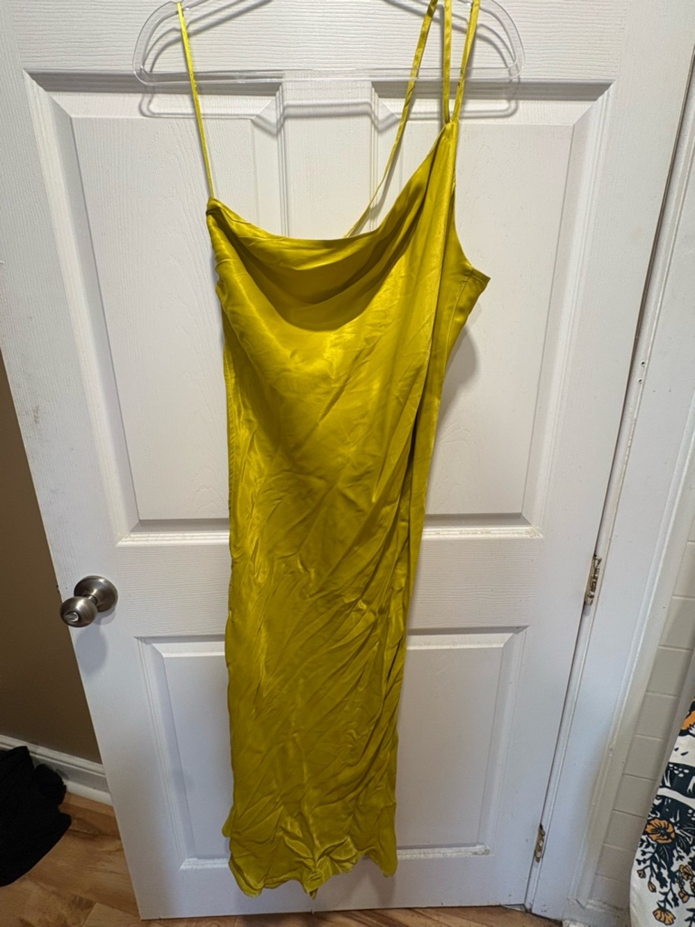 One-Shoulder Satin Slip Dress in Chartreuse
